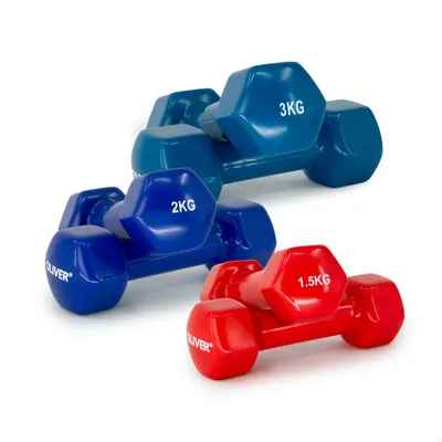 Zdjęcie produktu dla Hantle winylowe OLIVER z 3 obciążnikami - 1,5 kg, 2 kg i 3 kg