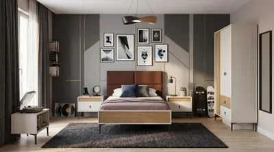 Produktbild von Modernes weißes Jugendzimmer Bett Kleiderschrank Nachttische Schlafzimmer