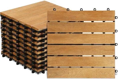 Productafbeelding van Terrasstenen van gecertificeerd acaciahout, 30x30 cm, met clipsysteem. 66 stuks kunnen worden gezaagd