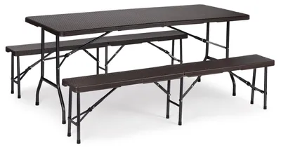 Immagine prodotto di Set da catering con tavolo da banchetto da 180 cm e 2 panche in rattan marrone MultiGarden