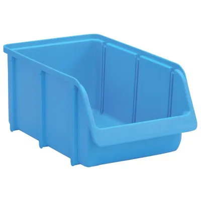 A blue plastic storage bin is shown against a white background.