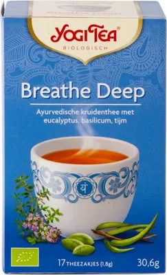 A box of Yogi Tea 'Breathe Deep' herbal tea.