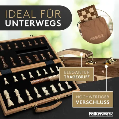 Produktbild von Falkenwerk Magnetisches Schachspiel & Dame - Holz [38x38 cm] - Handgefertigtes Schachbrett aus Echtholz