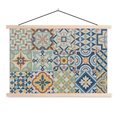 Produktbild von MuchoWow® Textilposter Vintage - Blumen - Design - Figuren 120x80 cm mit holzfarbenen Rahmen - Aufhängeset
