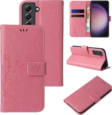 Produktbild von Handyhülle für Samsung Galaxy S23 FE Floral Blumen Schmetterling Flip Cover Hülle Case Klapphülle Handytasche Farbe: Rosegold