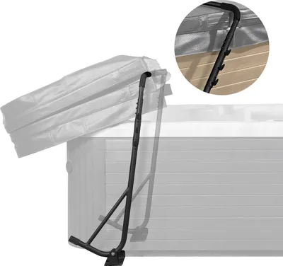A spa cover lift mechanism is shown attached to the side of a hot tub, with the spa cover partially lifted and resting on the mechanism.