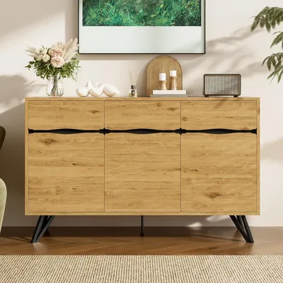 Obrázok produktu pre Komoda s 3 dvierkami, vzhľad dreva, s kovovými nohami, rozmer 140x40x75,5 cm