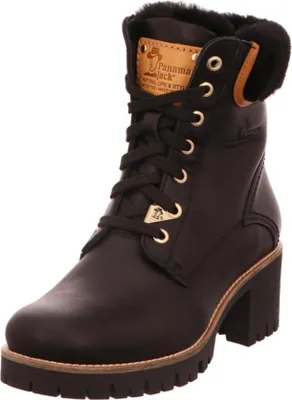 A black Panama Jack lace-up boot with a chunky heel and fur trim.