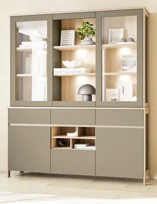 Produktbild von Buffet "Finnes" in Salbei und Eiche Vitrinenschrank skandinavisch 164 x 195 cm, Soft-Close