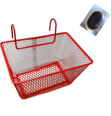 Zdjęcie produktu dla Koszyk na kierownicę roweru dziecięcego do zawieszenia Koszyk z siatki drucianej w kolorze czerwonym, w zestawie 1 x łata do dętki