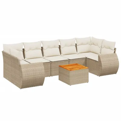 Produktbild von Modulares Garten-Sofa-Set 8-tlg., Poly Rattan Beige, Akazienholz-Tisch, UV-beständig, mit Stauraum & wasserabweisendem Beutel, cremeweiße Kissen