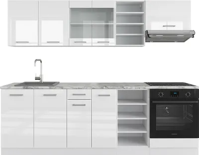 Zdjęcie produktu dla Zabudowa kuchenna Vicco R-Line Biały wysoki połysk/biały 240 cm , BP Marmur, Model 37665