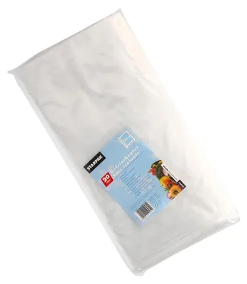 A clear, professional shot of a package of transparent freezer bags against a white background.