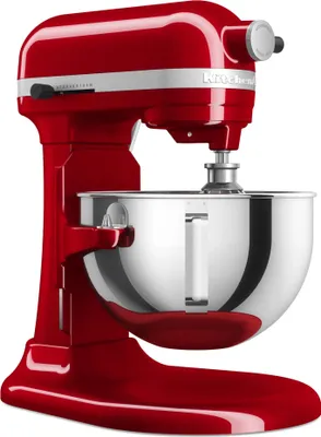 A red KitchenAid stand mixer with a silver bowl is shown against a white background.