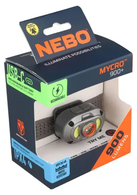 Produktbild von NEBO Mycro 900 + Headlamp Rechargeable, Stirnband-Taschenlampe, Grau, Ladend, IPX4, COB LED, 50 lm