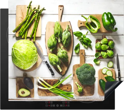 Produktbild von KitchenYeah© Herdabdeckplatte Grünes Gemüse auf einem Schneidebrett , 57x51cm, Küche Deko, Glaskeramikkochfeld Herdabdeckung, Abdeckplatte fùr Kochfeld