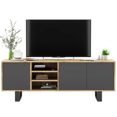 Produktbild von Loft TV-Schrank TV-Lowboard Apollo Dreitürig Zwei Metallfüße Modern Lindner Möbel 150cm x 53cm x 35cm Farbe: Wotan Eiche matt - graphit