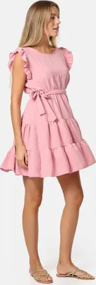 Produktbild von PM SELECTED Feminines Damen Mini Rüschenkleid mit Gürtel, Rundhalsausschnitt und Flügelärmeln PM27 Rosa Einheitsgröße Gr. 34 - 38