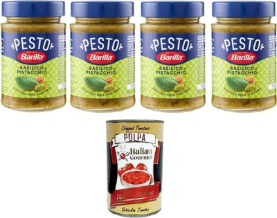 Produktbild von Barilla Pesto Basilico e Pistacchio Condimento e Sugo per Pasta Basilikum-Pistazien-Pesto-Gewürz und Pastasauce 4x190 g+ Italian Gourmet polpa 400g