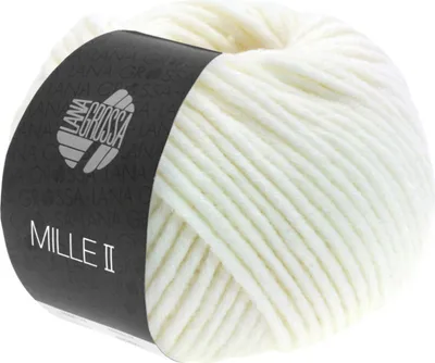 A ball of white yarn with a black label.