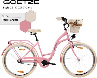 Produktbild von Goetze Style 26 Zoll City Bike, 43 cm Rahmen, 3-Gang Shimano Nexus, Rücktrittbremse & V-Bremse, LED-Beleuchtung, Gepäckträger, Rattankorb mit Bezug