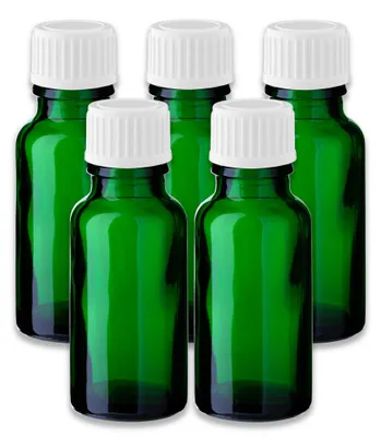 Produktbild von 5x Grüne Glasflasche 20 ml mit weißem PP-Schraubverschluss Nachfüllbar