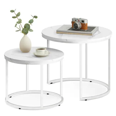 Produktbild von FORTENA Couchtisch Set 2tlg Rund, Marmor Look, mit weißem Metallgestell