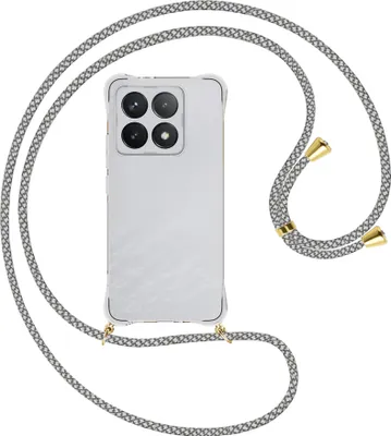 Produktbild von Handykette Backcover-Schutzhülle mit Band (Metall goldfarben) für Xiaomi 14T 5G - weiß/grau kariert