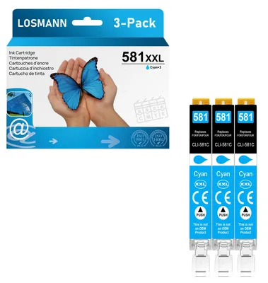 Imagen del producto de Cartuchos de tinta LOSMANN 3X Cyan, compatibles con Canon CLI-581 XXL C, para las impresoras Pixma TS6350, TS6150, TS8150, TS8250, TS6250, TS705, TS705a, TS8151, TS6151, TS8152, TS8300, TS9150, TS9155, TS9550, TR7550, TR8550