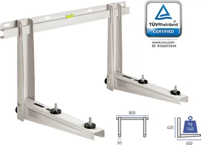 A set of silver wall mounts for an air conditioner unit, shown from a diagonal angle. The mounts are made of metal and have adjustable feet. A spirit level is integrated into the top bar. There is also a TÜV Rheinland Certified logo in the upper right corn