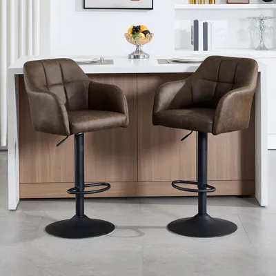 Productafbeelding van Barstoelen, set van 2, in hoogte verstelbaar, bekleed, met armleuningen, metalen frame, voetsteun, bruin