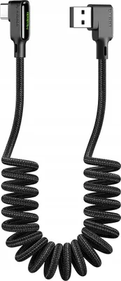 A black coiled USB-C to USB-A cable with angled connectors.