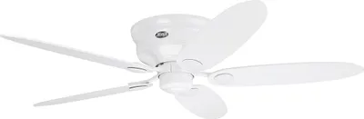 A white low-profile ceiling fan with five blades, viewed from a slightly elevated angle.