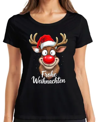 Produktbild von Frohe Weihnachten Lustiges Rentier Rudolf Weihnachtsmütze Cartoon Damen T-Shirt, Schwarz, 3XL