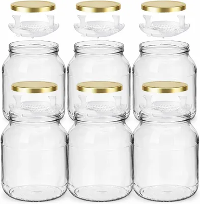 Produktbild von 6 x Gärglas-Set Einmachglas mit Metalldeckel & Beschwerer – Fermentierglas für Kombucha, Kimchi, Kefir & Konservierung, Weithalsglas, 6er Set