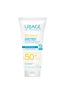 A white tube of Uriage Bariésun Mineral Cream SPF50+ against a white background.