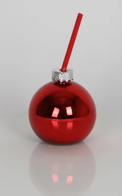 Produktbild von Trinkglas Christbaumkugel 400 ml mit Trinkhalm | Glitzernde Weihnachtskugel aus Glas | Originelles Partyglas & Geschenkidee für Weihnachten