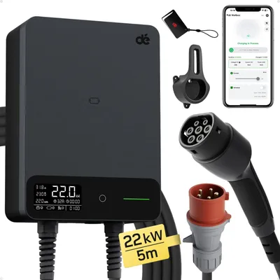 Image de Borne de recharge murale 22 kW - Chargeur pour véhicules électriques triphasé avec câble Type 2 de 5 mètres, de couleur noire