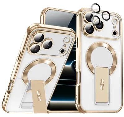 Produktbild von Magnetisch Hülle für iPhone 15, Kompatibel mit MagSafe, Transparent Elektroplattiert TPU Handyhülle mit Kameraschutz, Ständer Gold