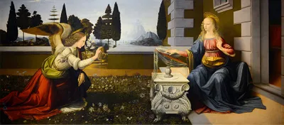 Produktbild von Legendarte - Kunstdruck auf Leinwand - Die Verkündigung - Leonardo Da Vinci - Wanddeko, Canvas cm. 40x90