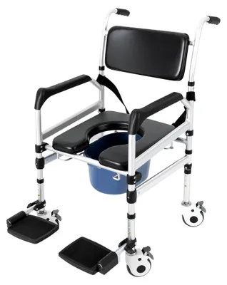 Produktbild von Toilettenstuhl für Senioren, mobiler Nachtstuhl mit gepolsterter Sitzfläche und Eimer, höhenverstellbarer Duschstuhl mit Rollen - Toilettenrollstuhl bis 160 kg