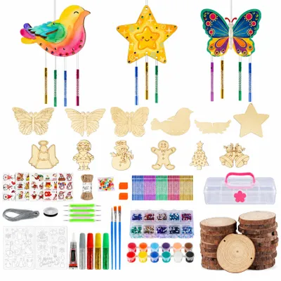 Produktbild von Holz Bastelset 206 Teile, DIY Deko Set mit 22 Holzscheiben 8-9 cm, Windspiel Bastelset, Holzanhänger, Bastelmaterial & Zubehör für kreative Dekoration