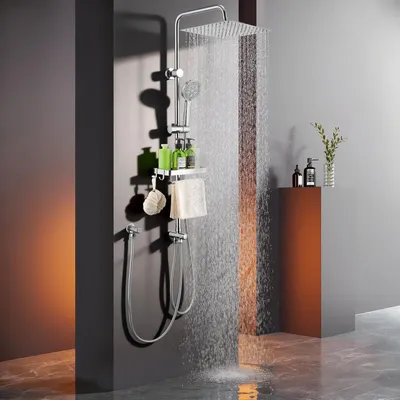 Produktbild von Duschsystem Regendusche Eckig Chrom 30x30cm mit Handbrause & Ablage