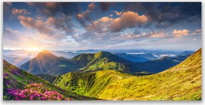 Produktbild von Glasbilder 140x70 Wandbild Druck auf Glas Gebirge Sonne Wiese Landschaft