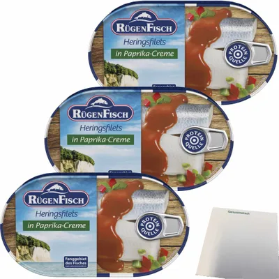 Produktbild von Rügenfisch Heringsfilet in Paprika Creme 3er Pack (3x200g Dose) + usy Block