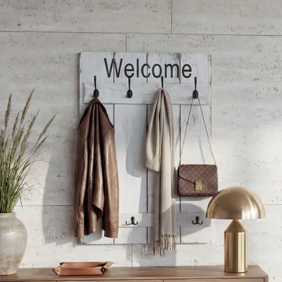 Produktbild von Wandgarderobe MCW-C89 Welcome, Garderobe Garderobenpaneel, Shabby-Look Vintage, 91x60cm  weiß, shabby