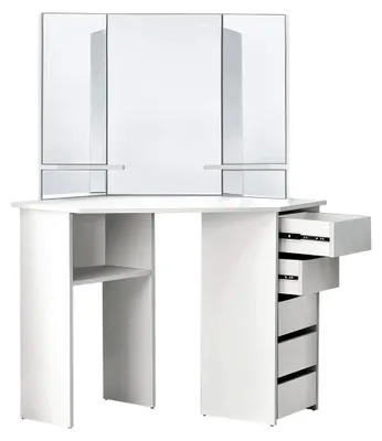 Produktbild von Eckschminktisch in Weiß mit 3 Spiegeln, 5 Schubladen und 3 Ablagefächern, 110x141,5x54 cm, Kosmetiktisch für Damen und Mädchen, Frisierkommode aus MDF Holz