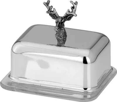 Produktbild von Butterdose mit Hirsch-Knopf für 1/4 Pfund, mit Glas, 40 ml, versilber, Gesamt: 10,0 x 8,5 x 9,5 cm
