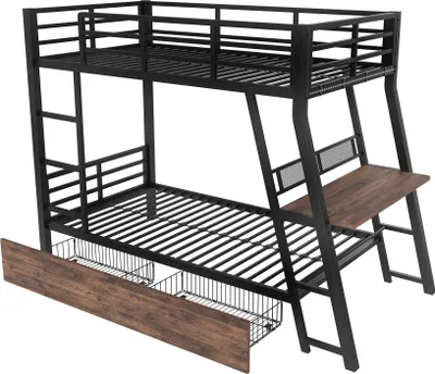 Produktbild von Flieks Etagenbett 90x200cm mit Schreibtisch, Hochbett Jugendbett mit Led und Schubladen, Metallbett Kinderbett mit Rausfallschutz, Einzelbett Schwarz