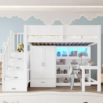 Produktbild von Hochbett 90x200 cm mit Schreibtisch, Kleiderschrank, Stauraumtreppe und LED, für Kinder und Jugendliche im Kinderzimmer, Weiß, ohne Matratze